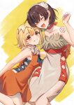  2girls :d ^_^ bare_arms blonde_hair brown_hair choker closed_eyes closed_mouth collarbone dr._stone dress grey_dress grey_hairband hairband kohaku_(dr._stone) multiple_girls nanase_(nns_6077) open_mouth orange_dress red_choker red_eyes shiny shiny_hair short_dress sleeveless sleeveless_dress smile spoilers strapless strapless_dress suika_(dr.stone) 