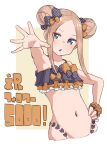  1girl abigail_williams_(emerald_float)_(fate) abigail_williams_(fate) absurdres bangs bare_shoulders bikini black_bikini black_bow blonde_hair blue_eyes blush bow breasts collarbone double_bun fate/grand_order fate_(series) forehead frilled_bikini frills highleg highleg_bikini highres kopaka_(karda_nui) long_hair looking_at_viewer multiple_bows navel open_mouth orange_bow outstretched_arm parted_bangs polka_dot polka_dot_bow sidelocks small_breasts solo swimsuit thighs 