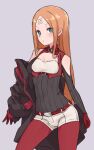  1girl abigail_williams_(fate) absurdres bandaid bandaid_on_forehead bangs bare_shoulders black_jacket black_shirt blonde_hair blue_eyes blush breasts cleavage_cutout clothing_cutout crossed_bandaids fate/grand_order fate_(series) forehead highres jacket kopaka_(karda_nui) long_hair long_sleeves looking_at_viewer off_shoulder open_clothes open_jacket pantyhose parted_bangs red_legwear ribbed_shirt shirt short_shorts shorts small_breasts solo white_shorts 