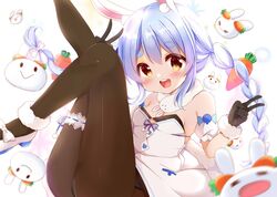  1girl :d animal_ear_fluff animal_ears bare_shoulders black_gloves black_legwear black_leotard blue_hair blush braid breasts bunny-shaped_pupils carrot_hair_ornament coat cutout_above_navel detached_sleeves food-themed_hair_ornament fur-trimmed_coat fur-trimmed_gloves fur_scarf fur_trim gloves hair_ornament hololive kiyo_(yamazoe1122) leg_garter legs_up leotard leotard_under_clothes long_hair looking_at_viewer mary_janes multicolored_hair nousagi_(usada_pekora) orange_eyes pantyhose puffy_short_sleeves puffy_sleeves rabbit_ears rabbit_girl scarf shoes short_sleeves small_breasts smile solo strapless strapless_coat strapless_leotard symbol-shaped_pupils teeth thick_eyebrows twin_braids twintails two-tone_hair upper_teeth usada_pekora v virtual_youtuber white_coat white_footwear white_hair white_scarf white_sleeves 