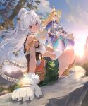  2girls ahoge animal_ears animal_hands armlet armor blonde_hair breastplate breasts capelet character_request closed_mouth clothing_cutout dress floating_hair fur_trim gloves green_eyes igarashi_youhei indian_style knees_up ladica_(shadowverse) long_hair looking_at_viewer medium_breasts mistolina_(shadowverse) multicolored_hair multiple_girls navel navel_cutout official_art paw_gloves shadowverse shield sitting skirt smile streaked_hair sun sunlight tail violet_eyes white_hair 