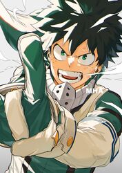  1boy bodysuit boku_no_hero_academia electricity freckles gloves green_bodysuit green_eyes green_hair highres looking_at_viewer male_focus midoriya_izuku mirin_(coene65) open_mouth short_hair simple_background solo teeth white_gloves 