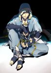  1boy armor belt blue_hair bracelet capelet closed_mouth collarbone crossed_legs cu_chulainn_(caster)_(fate) cu_chulainn_(fate) dice earrings fate/grand_order fate_(series) full_body fur-trimmed_hood fur_trim greaves grin harem_pants highres hirarego hood hood_up hooded_capelet jewelry long_hair looking_at_viewer male_focus pants red_eyes single_vambrace skin_tight smile solo staff toeless_footwear vambraces wooden_staff 