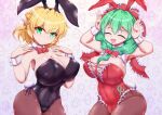  2girls alternate_costume animal_ears armpits arms_up bangs black_dress blonde_hair blush bow bowtie breasts brown_legwear closed_eyes closed_mouth collarbone commentary_request dollyspica dress eyebrows_visible_through_hair eyes_visible_through_hair fake_animal_ears fake_tail green_eyes green_hair hair_between_eyes hands_up kagiyama_hina large_breasts looking_at_viewer medium_hair mizuhashi_parsee multiple_girls open_mouth pantyhose playboy_bunny pointy_ears purple_background rabbit_ears rabbit_tail red_bow red_bowtie red_dress red_ribbon ribbon short_hair smile standing tail touhou white_background wrist_cuffs 