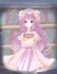  1girl :&lt; bangs blunt_bangs book bookshelf capelet cocoa_(cocoa1qld) crescent crescent_hat_ornament crossed_wrists expressionless eyebrows_visible_through_hair hat hat_ornament highres holding holding_book indoors library long_hair looking_at_viewer mob_cap patchouli_knowledge pink_capelet purple_hair sketch skirt solo straight-on striped touhou vertical_stripes very_long_hair violet_eyes white_headwear 