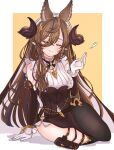  1girl animal_ears asymmetrical_legwear blush breasts brown_hair closed_eyes detached_sleeves extra_ears frilled_sleeves frills full_body galleon_(granblue_fantasy) gloves granblue_fantasy heart highres large_breasts li_s625 long_hair multicolored_hair pelvic_curtain sideboob single_thighhigh skindentation smile solo streaked_hair thigh-highs thigh_strap very_long_hair white_gloves 