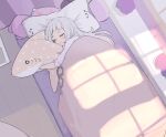  1girl absurdres bedroom closed_eyes closed_mouth commentary_request day from_above grey_hair highres hololive indoors long_hair murasaki_shion object_hug oisiimizu on_bed pillow sleeping smile solo stuffed_animal stuffed_shark stuffed_toy sunlight under_covers virtual_youtuber 