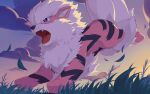  absurdres arcanine clouds commentary_request fangs from_below grass highres ino_(juju51228) leaves_in_wind no_humans open_mouth outdoors pokemon pokemon_(creature) running sky solo tongue twilight 