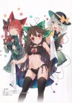 3girls :&lt; :3 :d ^_^ ahoge animal_ear_fluff animal_ears ass_visible_through_thighs bangs bare_shoulders bell bird_wings black_bow black_choker black_legwear black_wings blunt_bangs blush bow braid breasts brown_hair cape cat_cutout cat_ears choker closed_eyes clothing_cutout contrapposto cowboy_shot dress extra_ears eyebrows_visible_through_hair fake_animal_ears feathered_wings feet_out_of_frame floral_background floral_print frills green_dress green_skirt hair_bow hair_ribbon hairband_removed hands_up hat hat_bow heart heart-shaped_pupils heart_of_string highres holding holding_cape holding_clothes holding_hairband jingle_bell juliet_sleeves kaenbyou_rin komeiji_koishi leaning_forward long_hair long_sleeves meme_attire midriff multiple_girls navel own_hands_together panties pointy_ears puffy_sleeves red_eyes redhead reiuji_utsuho ribbon shirt side-tie_panties simple_background skirt small_breasts smile symbol-shaped_pupils teeth thigh-highs thighs tongue touhou toutenkou translation_request tress_ribbon twin_braids twintails underwear very_long_hair white_background white_cape wide_sleeves wings yellow_bow yellow_shirt 