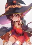  1girl bandaged_leg bandages bangs belt black_cape breasts brown_hair cape choker dress hat holding holding_staff igarashi_youhei kono_subarashii_sekai_ni_shukufuku_wo! looking_at_viewer megumin parted_lips red_dress red_eyes short_hair short_hair_with_long_locks sidelocks single_thighhigh sitting small_breasts solo staff thigh-highs witch_hat yokozuwari 