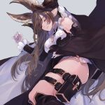  1girl absurdres animal_ears asymmetrical_hair bangs breasts brown_hair closed_eyes detached_sleeves expressionless extra_ears frilled_sleeves frills galleon_(granblue_fantasy) gloves granblue_fantasy highres horns large_breasts long_hair multicolored_hair pointy_ears solo streaked_hair thigh_strap user_uteu5842 very_long_hair white_gloves 