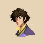  1boy artist_name bangs black_hair brown_background brown_hair closed_mouth commentary cowboy_bebop english_commentary face looking_at_viewer male_focus manh_(justmanh98) messy_hair pixel_art portrait purple_shirt shirt short_hair simple_background smile solo spike_spiegel 