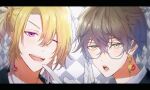  2boys :o bangs brown_hair earrings eyebrows_visible_through_hair glasses gloves hair_behind_ear highres ike_eveland jewelry letterboxed looking_at_viewer luca_kaneshiro male_focus multiple_boys nijisanji nijisanji_en one_eye_closed open_mouth ph7. ponytail romeo_(vocaloid) smile v-shaped_eyebrows violet_eyes virtual_youtuber white_gloves yellow_eyes 