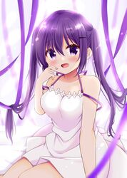  1girl :d absurdres blush breasts dress gochuumon_wa_usagi_desu_ka? hair_ornament hairclip halter_dress halterneck highres kiyo_(yamazoe1122) long_hair looking_at_viewer medium_breasts open_mouth purple_hair short_dress sitting smile solo spaghetti_strap sundress tedeza_rize twintails violet_eyes white_dress 