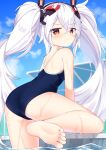  1girl animal_ears ass azur_lane back barefoot blue_sky blue_swimsuit climbing clouds cloudy_sky competition_school_swimsuit day embarrassed eyebrows_visible_through_hair fake_animal_ears hair_between_eyes hairband highres laffey_(azur_lane) looking_at_viewer looking_back one-piece_swimsuit outdoors partially_submerged pool pool_ladder poolside rabbit_ears red_eyes school_swimsuit shinko_gunsei sky solo swimsuit twintails water wet wet_clothes wet_swimsuit white_hair 
