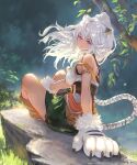  1girl ahoge animal_ears animal_hands armlet breasts closed_mouth floating_hair fur_trim gloves igarashi_youhei indian_style knees_up ladica_(shadowverse) long_hair looking_at_viewer medium_breasts official_art paw_gloves shadowverse sitting skirt smile solo tail violet_eyes white_hair 