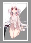  1girl absurdres barefoot demon_wings dress_shirt highres long_hair looking_at_viewer miyabe_(remliascaret) naked_shirt no_pants open_mouth original pointy_ears red_eyes shirt silver_hair single_wing sitting sleeves_past_wrists solo thighs vampire very_long_hair white_shirt wings 