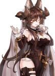  1girl animal_ears bangs breasts brown_hair closed_eyes cowboy_shot detached_sleeves extra_ears eyebrows_visible_through_hair frilled_sleeves frills galleon_(granblue_fantasy) gloves granblue_fantasy highres horns large_breasts long_hair momeme55 multicolored_hair parted_lips pelvic_curtain pointy_ears sideboob solo streaked_hair thigh_strap very_long_hair white_gloves 