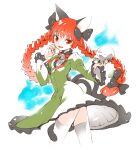  1girl animal_ears bow braid cat_ears cat_tail commentary_request hair_bow ichizen_(o_tori) kaenbyou_rin long_hair looking_at_viewer multiple_tails red_eyes redhead revision skull solo tail thigh-highs touhou twin_braids twintails white_legwear 