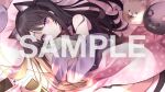  1girl animal_ear_fluff animal_ears black_hair cat_ears cat_girl commission english_commentary eyebrows_visible_through_hair handheld_game_console head_tilt indie_virtual_youtuber long_hair lying nintendo_switch_lite on_side purple_sweater sample_watermark shimotsuki_miri skeb_commission solo sweater tablet_pc two_side_up una_nagi very_long_hair virtual_youtuber watermark 