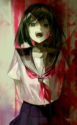  1girl :d absurdres arms_behind_back black_eyes black_hair black_sailor_collar black_skirt blood blood_on_clothes blood_on_face blood_on_wall commentary_request highres laughing looking_at_viewer medium_hair neckerchief nowatari_hii open_mouth original pleated_skirt red_neckerchief sailor_collar school_uniform serafuku shirt short_sleeves skirt smile solo white_shirt 