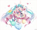  1girl :d ahoge animal_ear_fluff animal_ears aqua_hair arm_up balloon blue_eyes boots bow character_name commentary cross-laced_footwear dress flower gradient_hair hair_bow hakusai_(tiahszld) hand_up hatsune_miku heart heart_balloon lace-up_boots long_hair looking_at_viewer midair multicolored_hair open_mouth pink_dress pink_hair puffy_short_sleeves puffy_sleeves rabbit_ears red_bow revision roller_skates rose short_sleeves skates smile solo striped striped_bow teeth thigh-highs thighhighs_under_boots twintails upper_teeth very_long_hair vocaloid white_background white_footwear white_legwear yellow_flower yellow_rose 