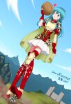  1girl absurdres aqua_hair armor armored_boots blue_eyes boots breastplate coconut eirika_(fire_emblem) elbow_gloves fingerless_gloves fire_emblem fire_emblem_heroes giant giantess gloves highres long_hair looking_away miniskirt red_footwear red_gloves red_legwear rubble short_sleeves skirt soren_(fire_emblem) straight_hair sword thigh-highs thigh_boots weapon 