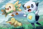  closed_eyes clouds commentary_request cyndaquil day fangs grass happy highres leaves_in_wind mountain no_humans open_mouth oshawott outdoors pokemon pokemon_(creature) rowlet signature sky smile starter_pokemon_trio tanpakuroom tongue 