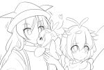  2girls antennae blush butterfly_wings character_doll closed_mouth doll dress eternity_larva eyebrows_visible_through_hair fairy hair_between_eyes hat heart holding holding_doll leaf leaf_on_head lineart long_hair matara_okina monochrome motion_lines multiple_girls short_hair simple_background tabard touhou tsundere unfinished upper_body white_background wings yu_cha 