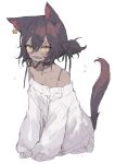  1girl animal animal_ear_fluff animal_ears bare_shoulders bell black_choker blush brown_hair cat_ears cat_girl cat_tail choker dark-skinned_female dark_skin dorainatto ear_ornament fish fish_in_mouth flying_sweatdrops hair_bell hair_bun hair_ornament highres holding holding_animal holding_fish jingle_bell long_sleeves looking_at_viewer mouth_hold off-shoulder_sweater off_shoulder original simple_background slit_pupils solo sweater tail white_background white_sweater yellow_eyes 