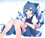  1girl blue_dress blue_eyes blue_hair cirno dress highres ice ikurauni red_ribbon ribbon short_hair sitting touhou 