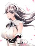  1girl azur_lane bare_shoulders beefusteku breasts charybdis_(azur_lane) from_side grey_eyes grey_hair highres large_breasts long_hair looking_at_viewer maid maid_headdress petals sideboob simple_background solo standing under_boob upper_body white_background 
