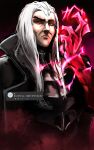  1boy absurdres black_background black_jacket boole_(sangha0301) closed_mouth colored_skin hand_up highres jacket league_of_legends long_hair looking_at_viewer magic male_focus red_background red_eyes red_skin serious solo swain_(league_of_legends) translation_request white_hair 