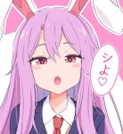  1girl animal_ears bangs black_jacket blazer blush_stickers collared_shirt commentary haruki_reimari jacket long_hair looking_at_viewer necktie notice_lines open_mouth outline purple_hair rabbit_ears red_eyes red_necktie reisen_udongein_inaba revision shirt simple_background solo touhou upper_body white_outline white_shirt yellow_background 