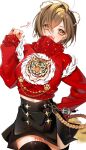  1girl animal_print brown_eyes brown_hair earrings hair_ornament hand_up highres jewelry karakoro long_sleeves meiko open_mouth short_hair solo sweater thigh-highs tiger tiger_print vocaloid 