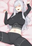  1girl ak-12_(girls&#039;_frontline) bangs blush braid breasts closed_eyes french_braid girls_frontline kageshio_(276006) large_breasts long_hair long_sleeves navel open_mouth silver_hair smile solo thighs 