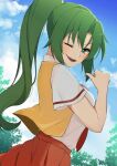  1girl ;d absurdres blue_sky clouds day eyebrows_visible_through_hair floating_hair from_side green_eyes green_hair hair_intakes high_ponytail highres higurashi_no_naku_koro_ni long_hair looking_at_viewer looking_to_the_side necktie one_eye_closed open_clothes open_mouth open_vest orange_skirt outdoors pleated_skirt poyadevil red_necktie school_uniform shirt short_sleeves skirt sky smile solo sonozaki_mion very_long_hair vest white_shirt yellow_vest 