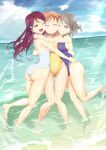  3girls absurdres ahoge blue_eyes blue_swimsuit casual_one-piece_swimsuit closed_eyes commentary_request commission competition_swimsuit facing_viewer grey_hair hair_ornament hairclip half_updo highres horizon hug long_hair love_live! love_live!_sunshine!! multiple_girls ocean ofuchobetto_shirai one-piece_swimsuit orange_hair redhead sakurauchi_riko short_hair splashing swimsuit takami_chika watanabe_you water white_swimsuit yellow_eyes yellow_swimsuit 