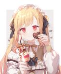  1girl bangs black_bow blonde_hair bow brown_bow candy center_frills chocolate closed_mouth commentary eyebrows_visible_through_hair food frills grey_background hair_bow hands_up heart heart-shaped_chocolate holding holding_food layered_sleeves long_hair long_sleeves moffle_(ayabi) parfait project_sekai puffy_long_sleeves puffy_short_sleeves puffy_sleeves red_eyes shirt short_over_long_sleeves short_sleeves smile solo symbol-only_commentary tenma_saki twintails two-tone_background upper_body very_long_hair white_background white_shirt 