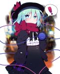  ! 1girl :&lt; alternate_costume bangs black_headwear bow closed_mouth eyebrows_visible_through_hair green_eyes green_hair hat hat_bow highres komeiji_koishi long_sleeves looking_at_viewer plaid red_bow red_scarf scarf short_hair solo spoken_exclamation_mark standing touhou you_(noanoamoemoe) 