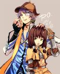  1boy 1girl arch_bishop_(ragnarok_online) bandage_over_one_eye bangs black_gloves blue_coat brown_capelet brown_dress brown_hair brown_headwear capelet chest_guard choker closed_mouth coat commentary_request cowboy_shot cropped_jacket cross cross_necklace dated deerstalker doughnut dress fingerless_gloves food gauntlets gloves green_eyes hand_on_another&#039;s_head hat holding holding_food iko_831 jacket jewelry long_hair long_sleeves looking_at_viewer necklace open_mouth purple_hair ragnarok_online short_hair simple_background sweatdrop swordsman_(ragnarok_online) white_jacket 