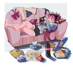  1girl blush bow bowtie bowtie_removed chips couch domino&#039;s_pizza folded_leg food french_fries highres jacket jewelry long_hair mahou_shoujo_madoka_magica messy_hair navel nintendo_switch pizza playing_games pocky ponytail popcorn potato_chips red_eyes redhead relaxing ring sakura_kyouko shorts simple_background symbol-only_commentary tissue_box tsurime yooki_(winter_cakes) 