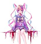  1girl absurdres blood blood_on_clothes blood_splatter blue_bow blue_hair bow chouzetsusaikawa_tenshi-chan drill_hair hair_bow heart highres holographic_clothing k6tetsu large_bow long_sleeves looking_at_viewer multicolored_hair needy_girl_overdose pink_bow pink_hair purple_bow sidelocks simple_background sitting skirt smile solo thighs twin_drills violet_eyes white_background white_hair wig yellow_bow 