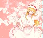  1girl bangs blonde_hair bow closed_eyes dress eyebrows_visible_through_hair fairy hat highres itomugi-kun lily_white long_hair long_sleeves open_mouth red_bow smile solo touhou white_dress white_headwear white_sleeves wide_sleeves wings 
