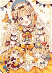  2022 3girls :o :t absurdres animal_ears apron bell black_choker blonde_hair blue_bow blue_skirt blush bow brown_eyes brown_hair center_frills checkered_background chibi chinese_zodiac choker closed_eyes closed_mouth collared_shirt egasumi fang flower frilled_apron frilled_skirt frills gloves hair_bow hair_flower hair_ornament head_tilt highres jingle_bell long_hair mouth_hold multicolored_hair multiple_girls open_mouth orange_skirt original parted_lips pennant pink_flower pleated_skirt red_flower red_skirt sakura_oriko shirt skirt sleeping streaked_hair string_of_flags striped_tail tail tiger_ears tiger_girl tiger_tail twintails very_long_hair waist_apron white_apron white_flower white_gloves white_shirt year_of_the_tiger 
