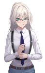  1girl absurdres an-94_(girls&#039;_frontline) aqua_eyes bangs belt blonde_hair blue_necktie blue_pants breasts constantine-xii defy_(girls&#039;_frontline) eyebrows_visible_through_hair girls_frontline glasses hair_between_eyes highres holding_necktie long_hair looking_at_viewer necktie open_mouth pants shirt small_breasts solo standing suspenders teeth white_background white_shirt 