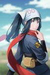  1girl akari_(pokemon) black_hair blurry blurry_background closed_mouth clouds day floating_hair from_side grey_eyes grey_jacket highres jacket long_hair long_sleeves looking_at_viewer outdoors pokemon pokemon_(game) pokemon_legends:_arceus ponytail red_scarf redpoke scarf shiny shiny_hair sidelocks smile solo upper_body 