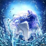  1girl blue_background blue_hair blue_theme character_request constellation copyright_name dairoku_ryouhei feathered_wings frilled_skirt frills head_fins logo long_hair mermaid monster_girl official_art skirt solo u3_(pixiv832164) violet_eyes water white_skirt white_wings wings 