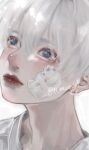  13_anzu_yd 1boy bandaid bandaid_on_cheek crying crying_with_eyes_open ear_piercing hair_between_eyes highres looking_afar male_focus original piercing red_lips shirt short_hair signature solo tears upper_body white_background white_hair white_shirt 