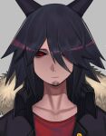  1boy black_hair black_horns black_sclera bugita closed_mouth collarbone colored_sclera cropped face facial_hair fur_trim grey_background hair_over_one_eye horns looking_at_viewer lowres male_focus medium_hair original red_eyes simple_background solo upper_body 
